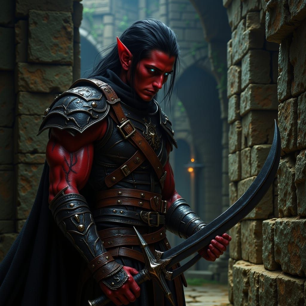 Crimson Elf Warrior in Ruined Castle, Atmospheric Style