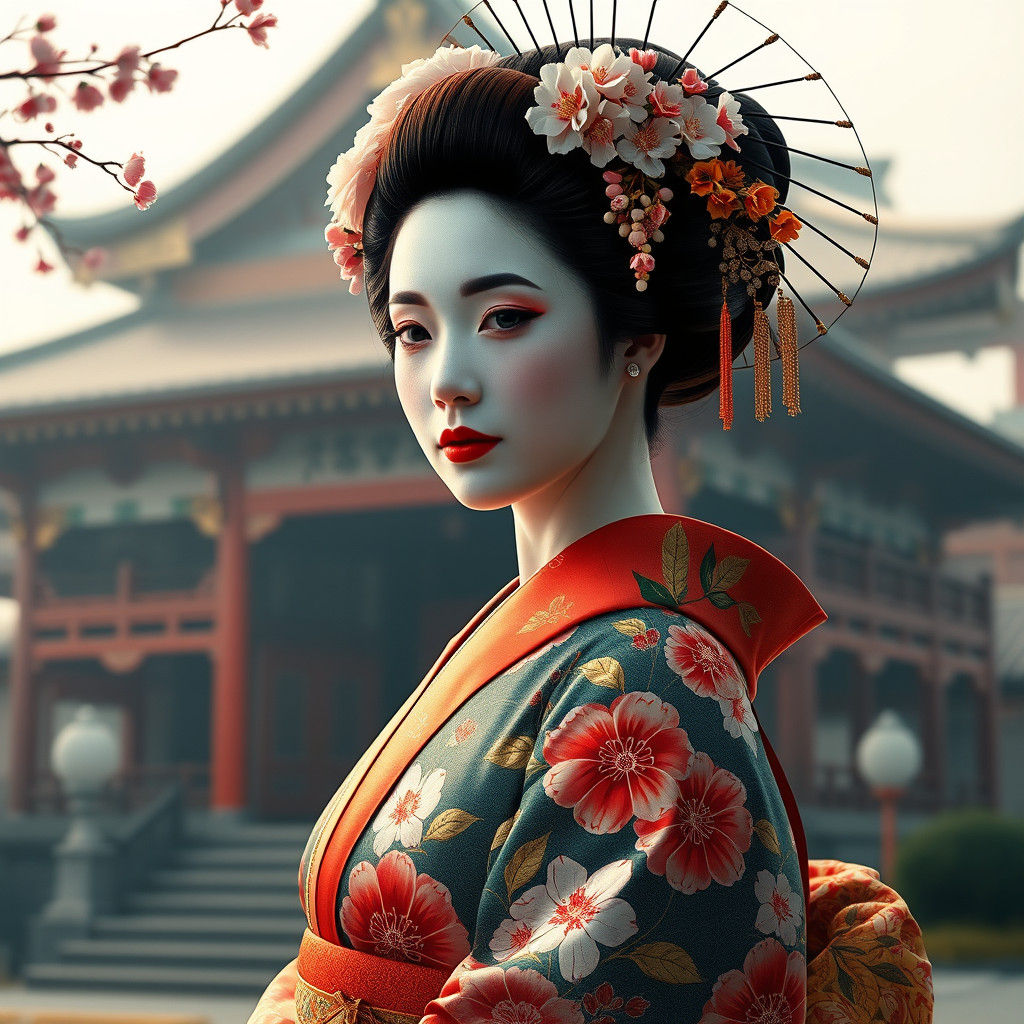 Geisha in Kimono with Cherry Blossoms