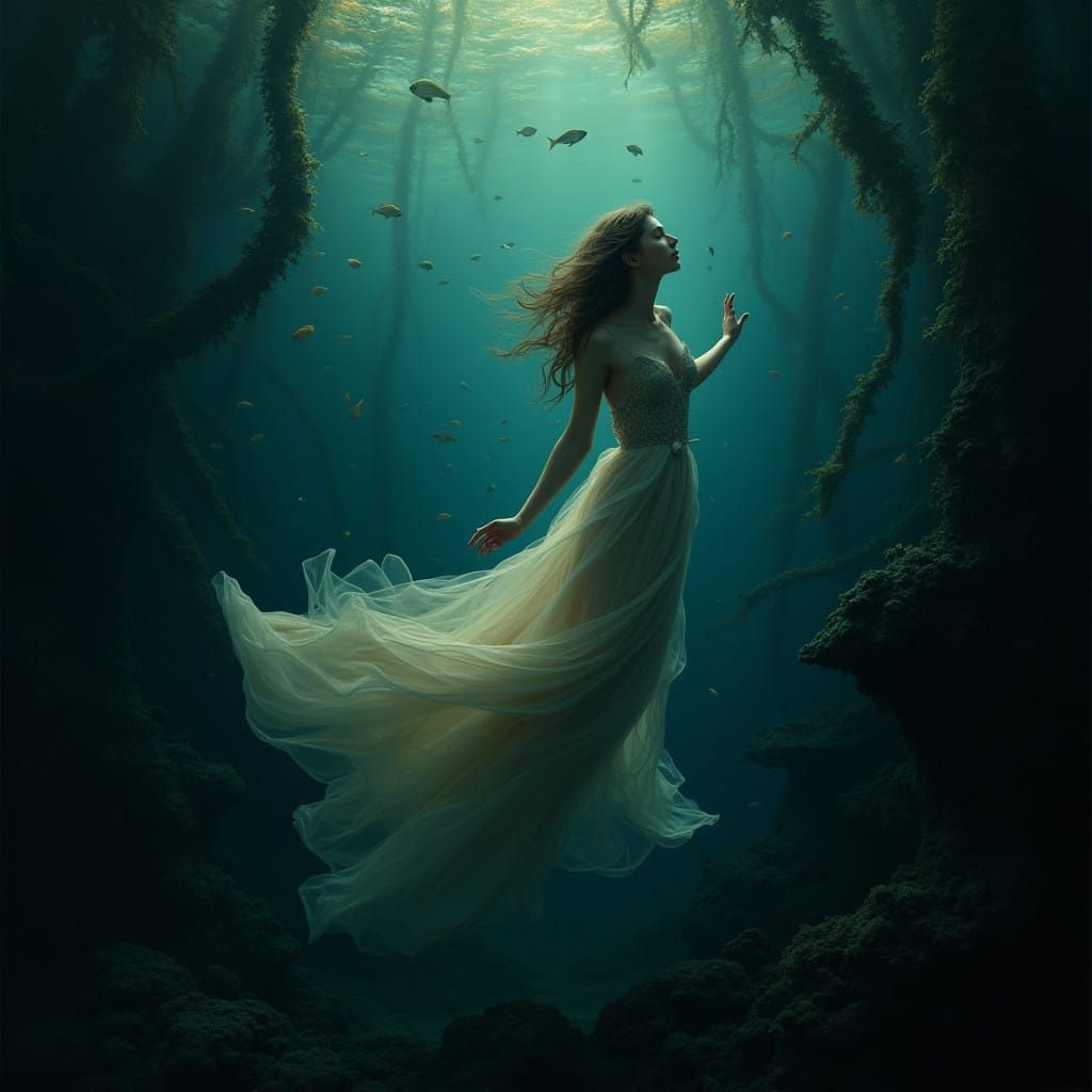 Mysterious Oceanic Goddess in Dreamlike Descent