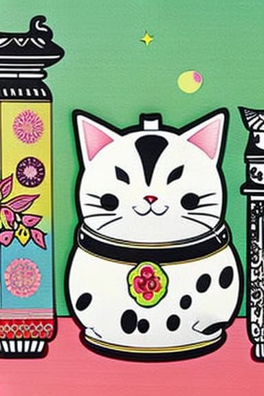 Lucky Cat Kawaii Illustration in Vintage Style