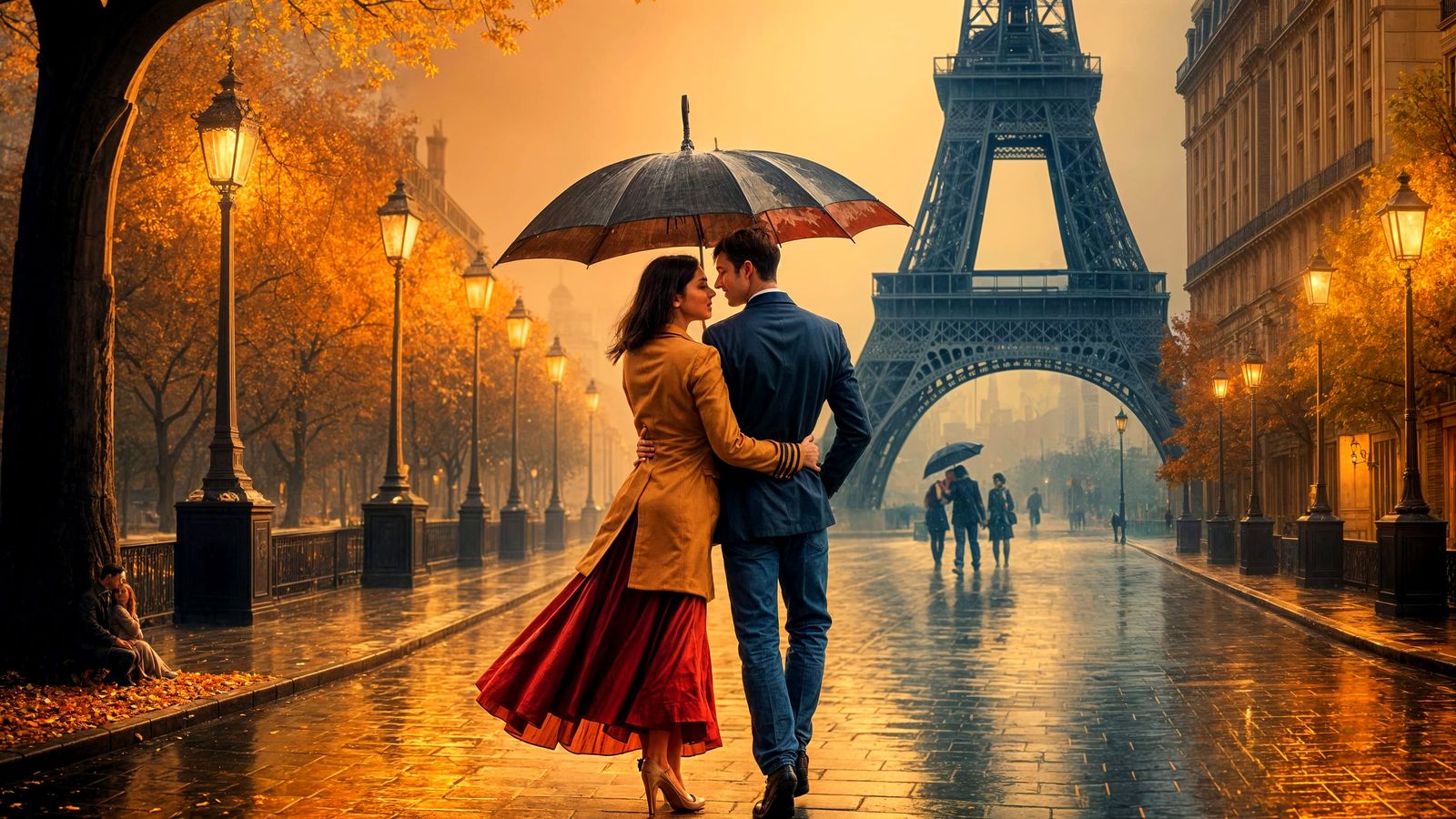 Romantic Parisian Evening with Eiffel Tower and Autumn Trees