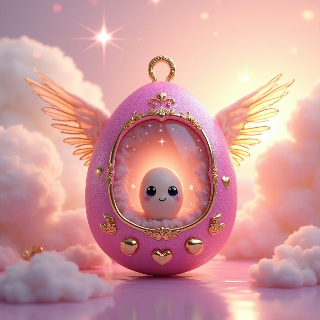 Sparkly Pink Tamagotchi Concept Art in Dreamy Cloudy Sky