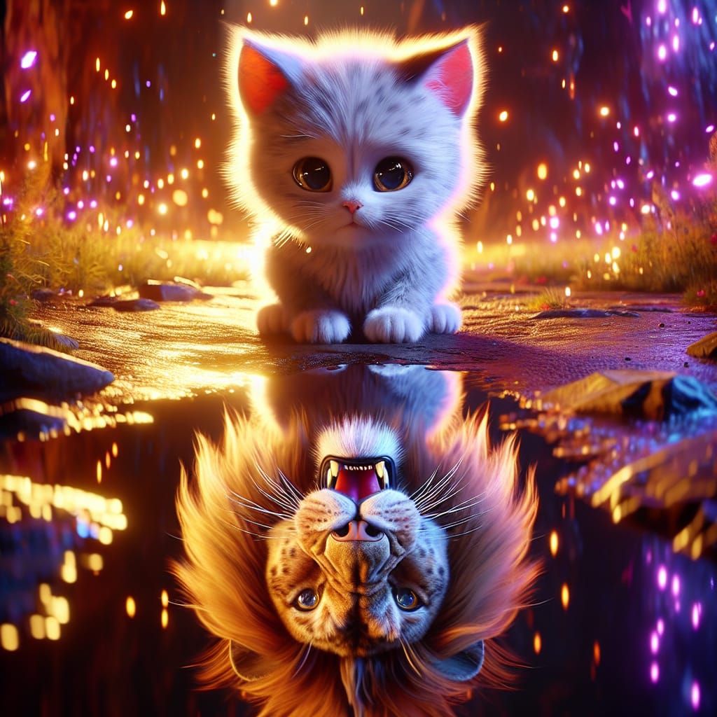 Kitten's Mighty Reflection: A CGI Fantasy