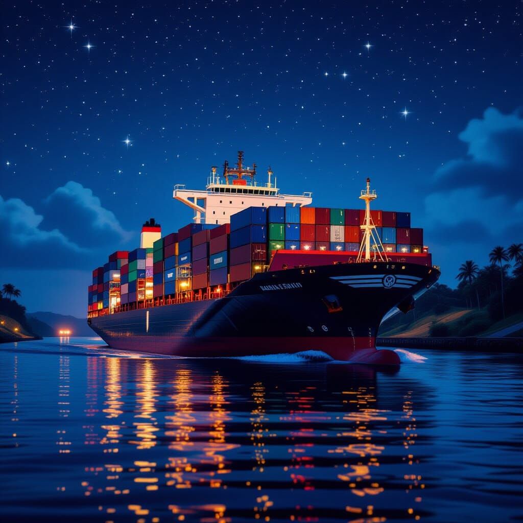 Vintage Container Ship Navigates Panama Canal At Night