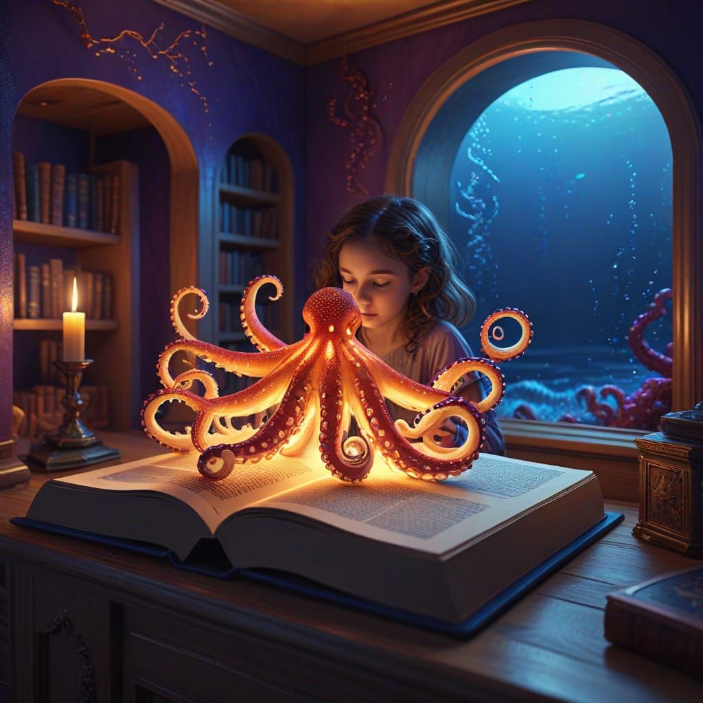 Mystical Girl Opens Book in Fantasy Bedroom