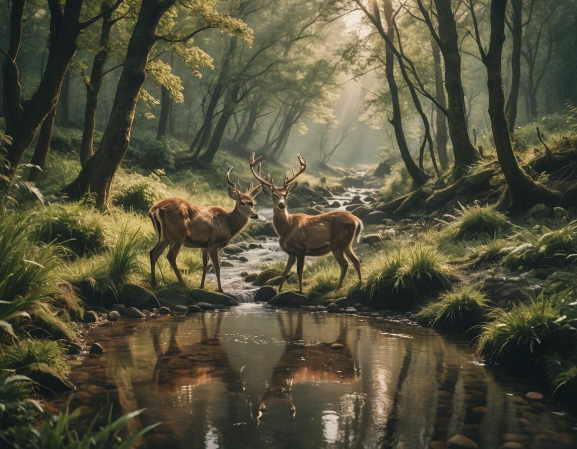 Deer Drinking From Stream in Cinematic Style