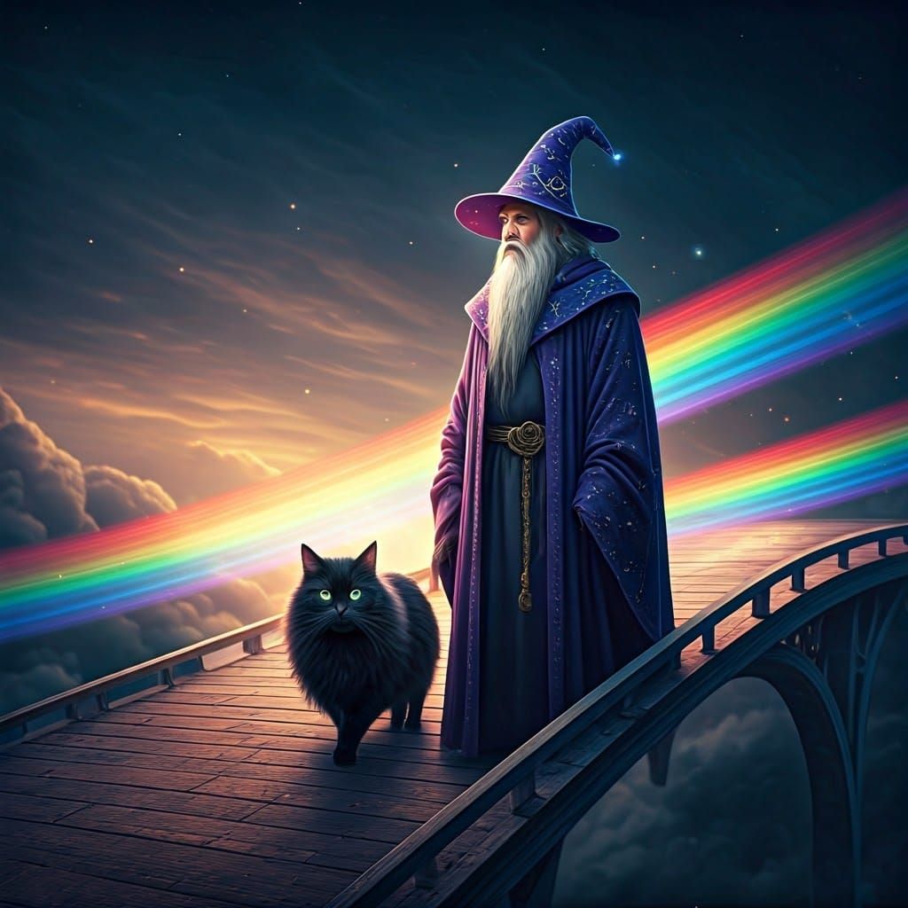 Sleek Wizard and Feline Companion Stroll Across Ethereal Rai...