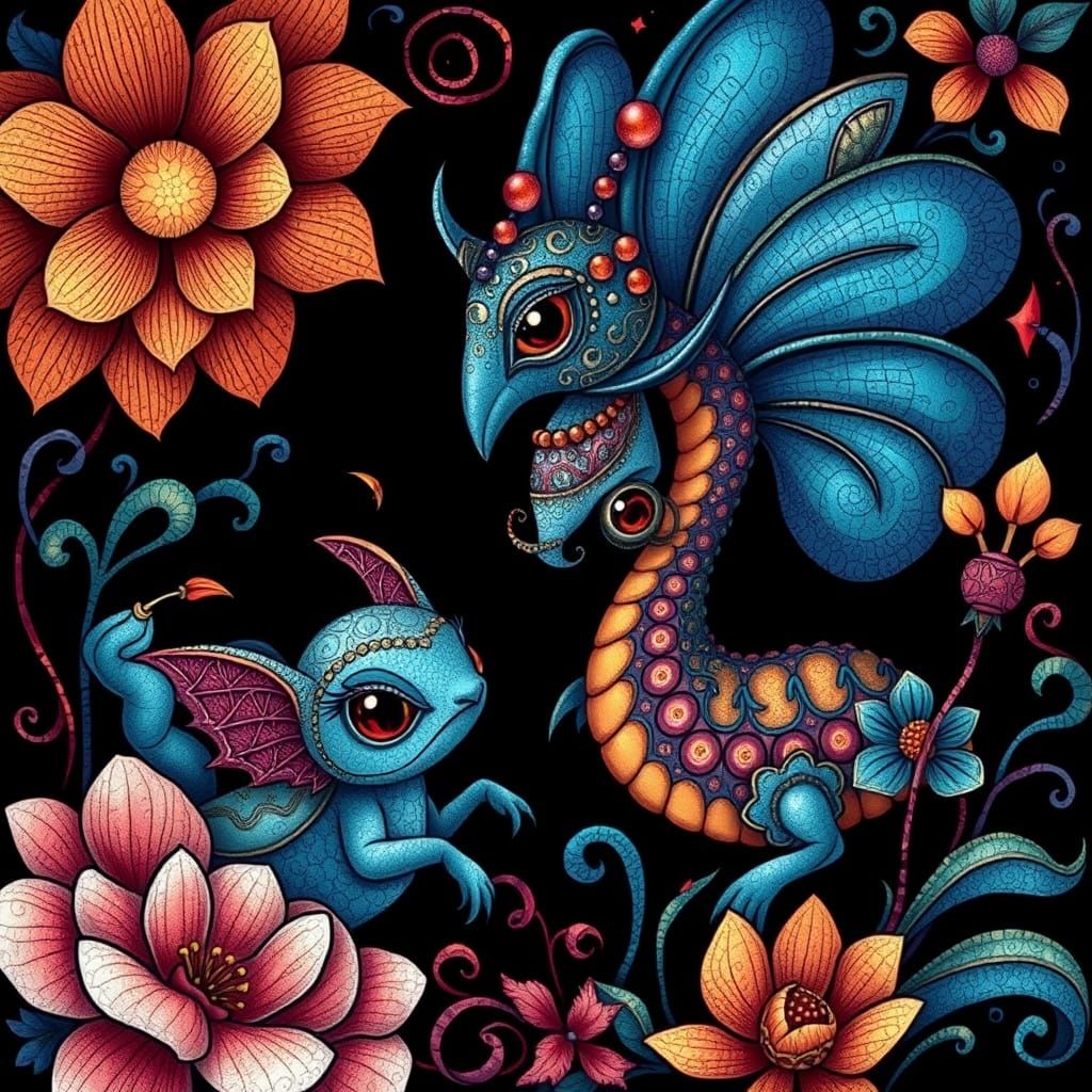 Whimsical Creatures in Zentangle Art Deco Style