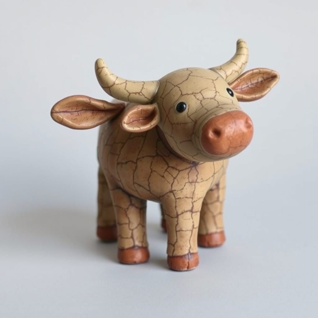 Earthy Clay Cow Sculpture in Folk Art Style