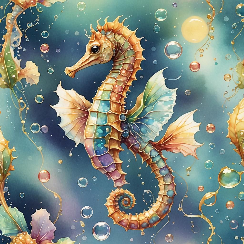 Winged Seahorse Swims in Dreamy Watercolor Ocean