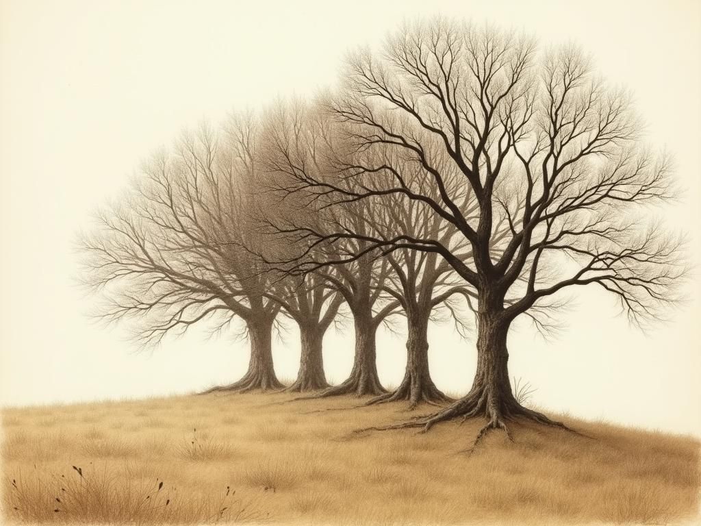 Detailed Etching of Old Beech Trees on Hillside