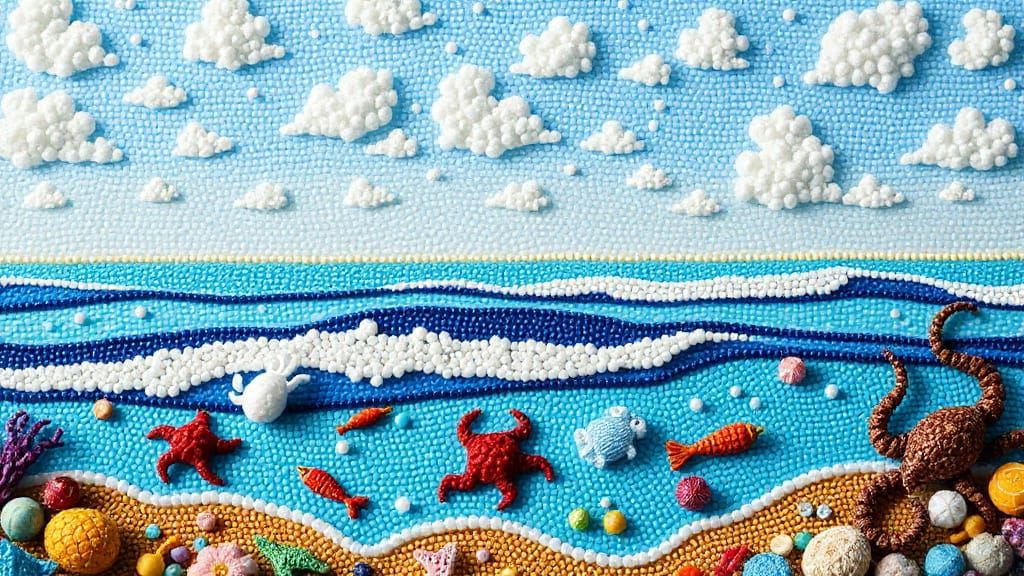 Colorful Beaded Sea Coast Scene in Pop Surrealist Style