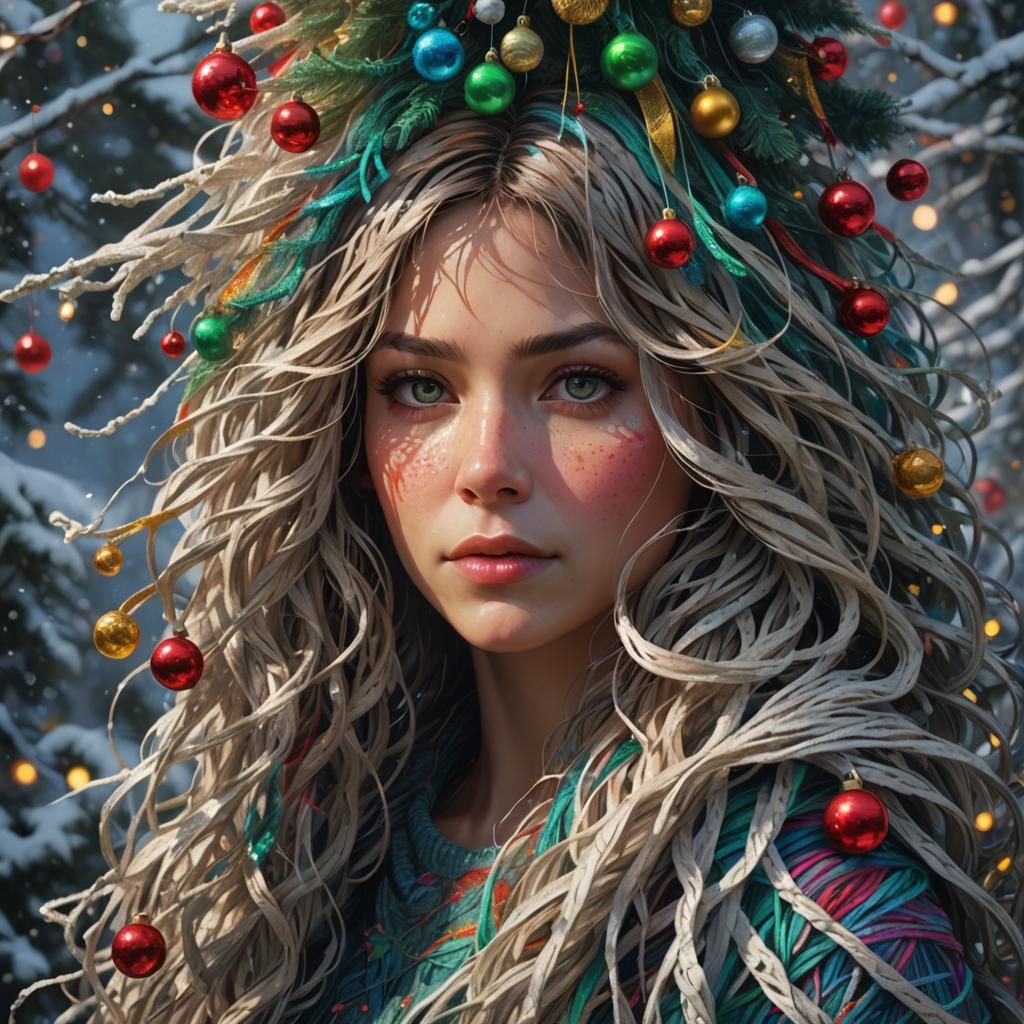 Yarn Woman Christmas Portrait, Digital Art