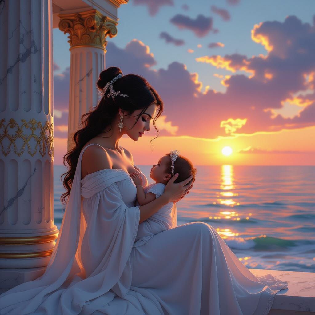 Greek Goddess and Baby Watch Sunset: Hyperrealistic Art