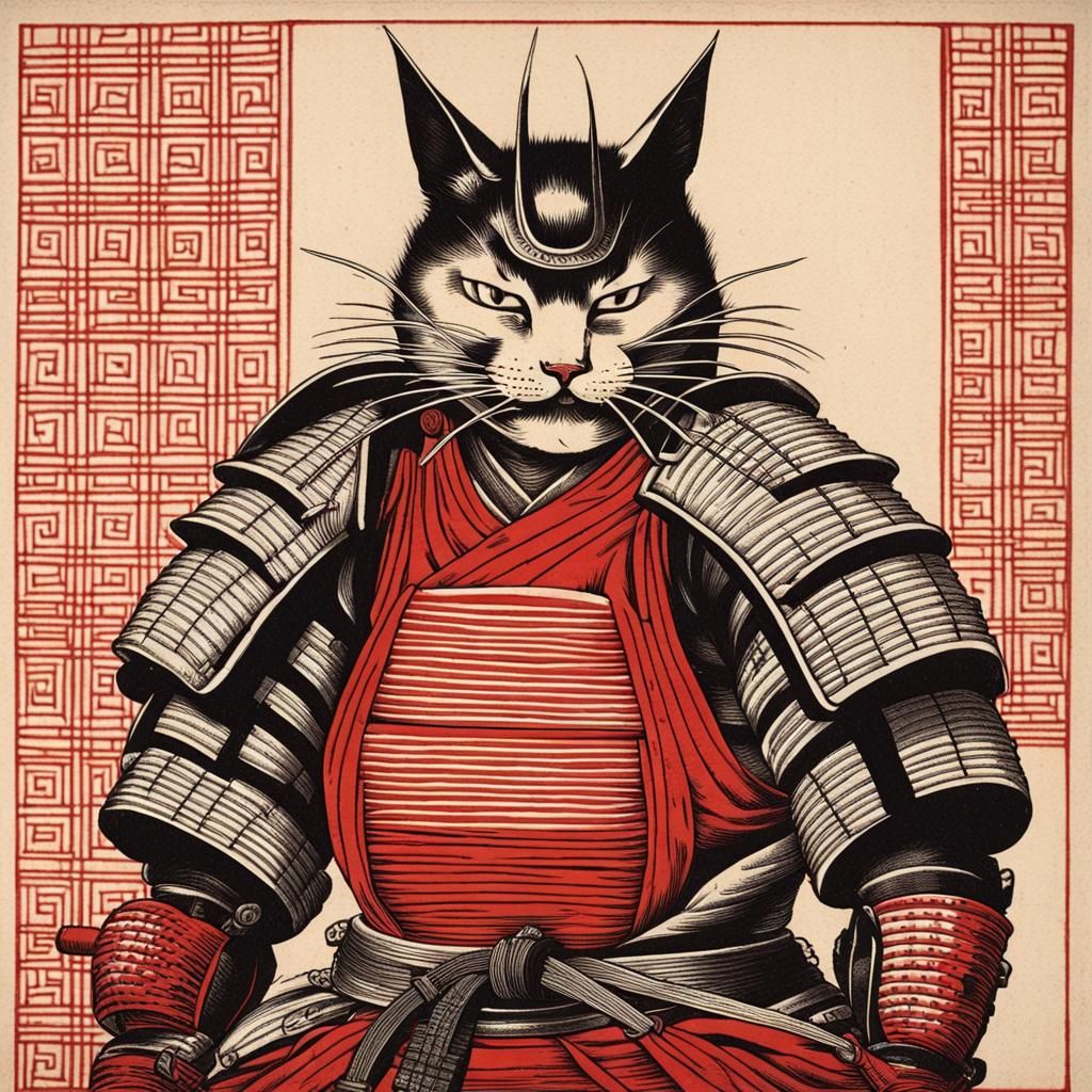 Armored Cat-Headed Samurai in Woodcut Style