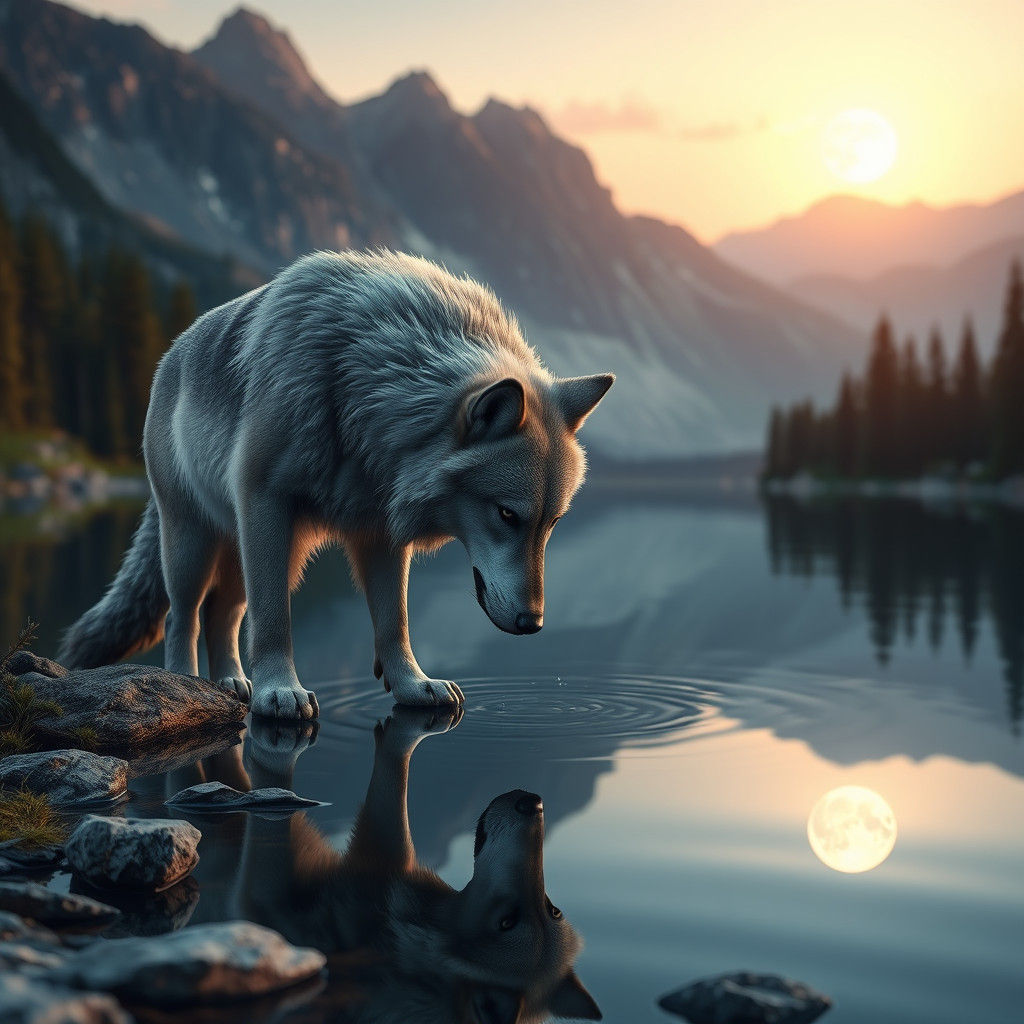 Wolf Drinks Under Rising Moon: Hyperrealistic 3D Render