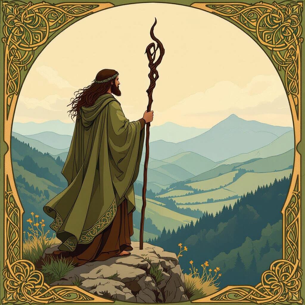 Druid on Windswept Peak in Art Nouveau Style