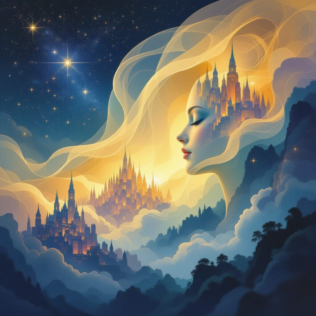 Dreamlike Veil of Shifting Shapes in Starry Sky