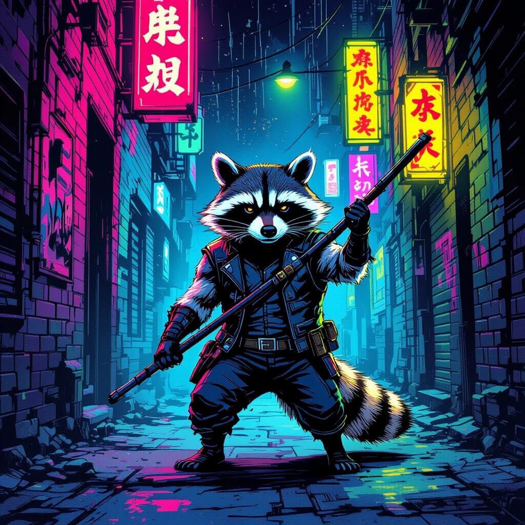 Vigilante Raccoon Patrols Neon Alleyway in Comic Style
