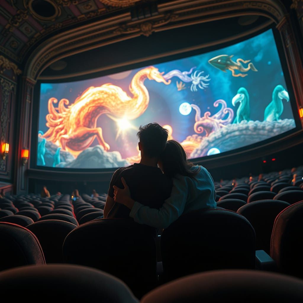 Romantic Cinema Scene in Futuristic Style