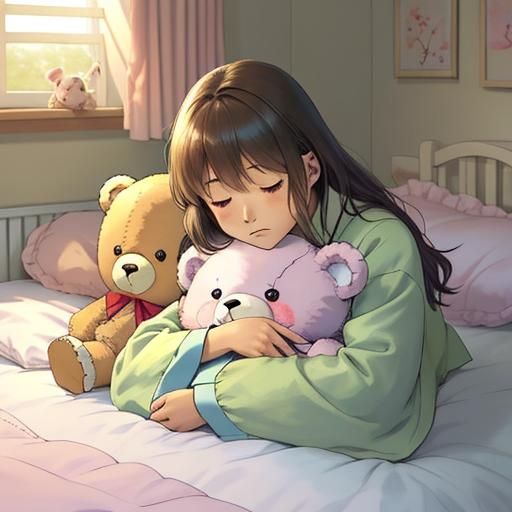 Teddy Bear in Cozy Bedroom: Wholesome Anime Art