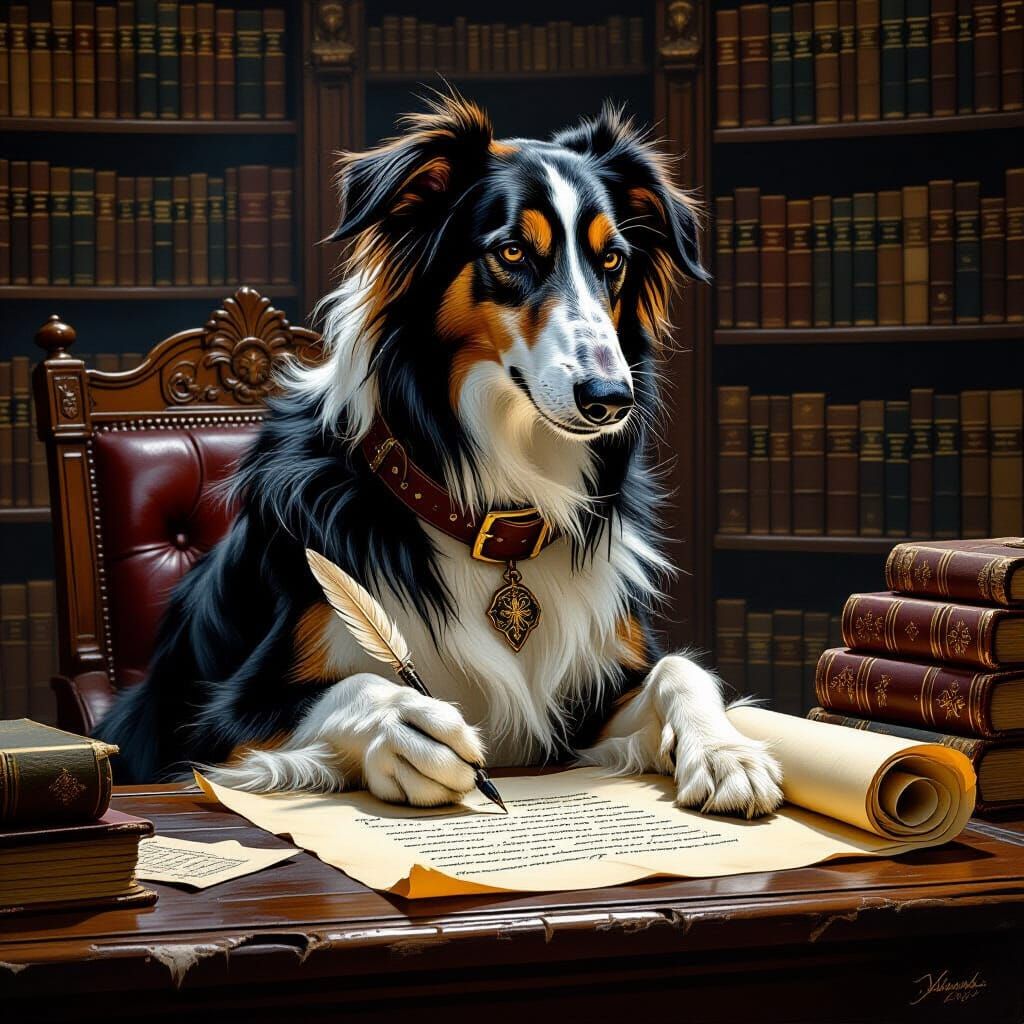 Ancient Borzoi Dog Scribing in Old Library