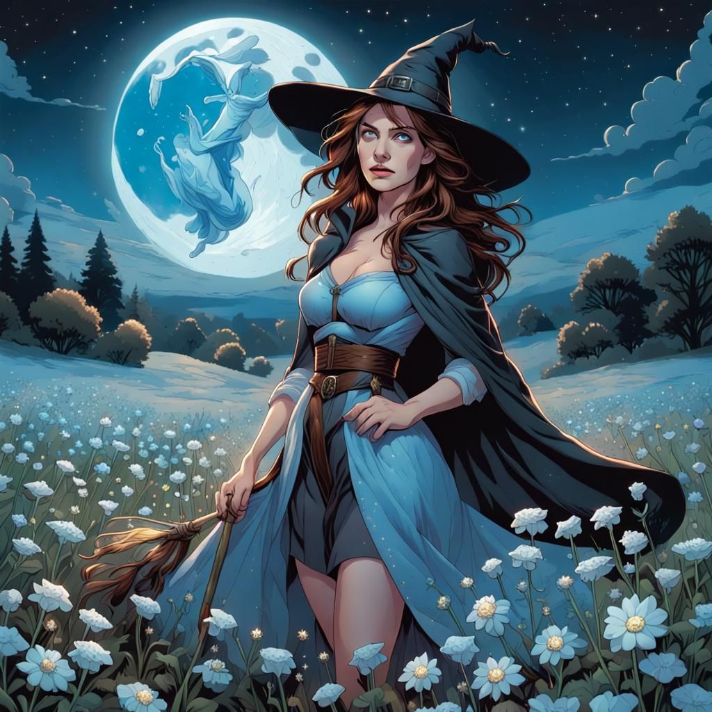 Beautiful Witch in a Flower Field, Comic Book Art