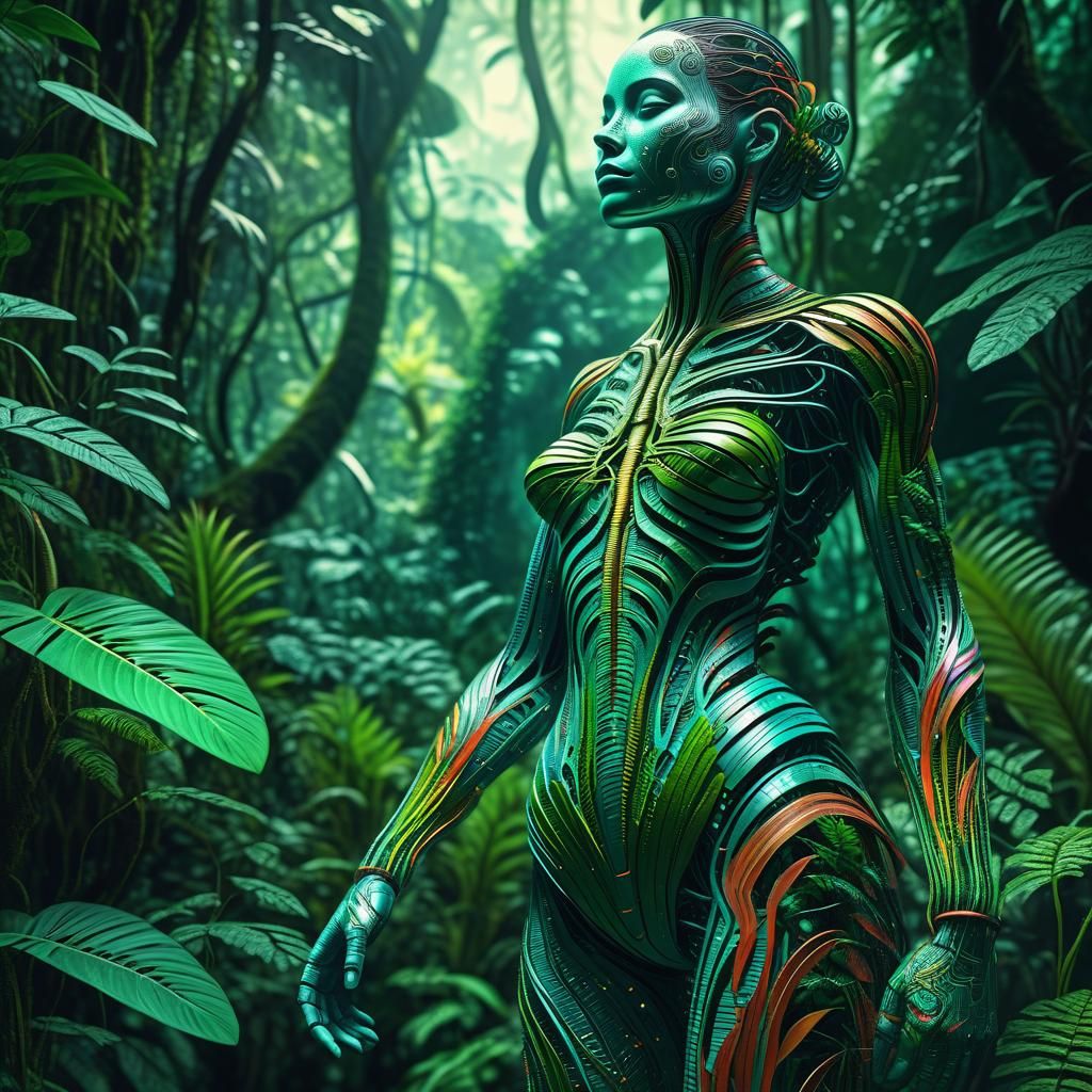Biopunk Plant Woman in Rainforest, Hyperrealistic Illustrati...