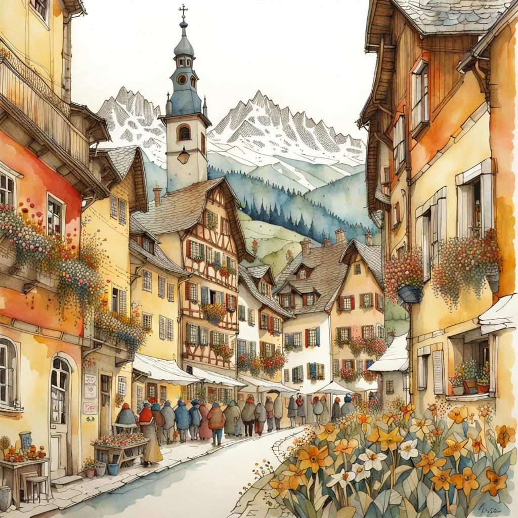 Picturesque Swiss Village Street Scene