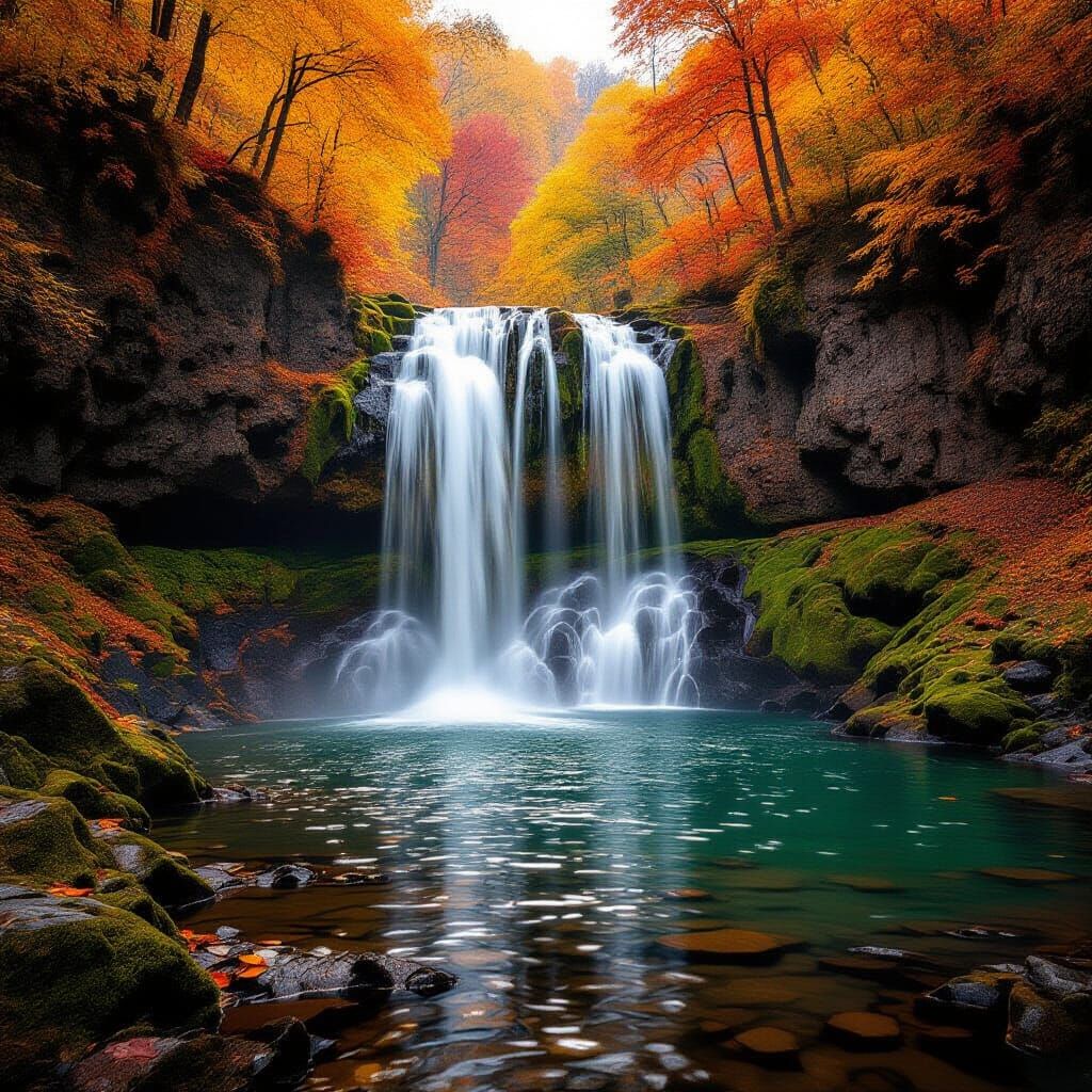 Vibrant Autumn Waterfall in Golden Sunlight