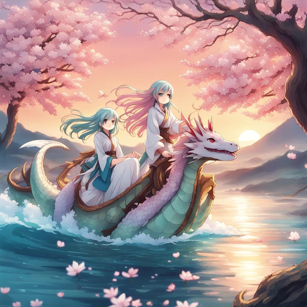 Anime Sisters Ride Dragons at Sunset