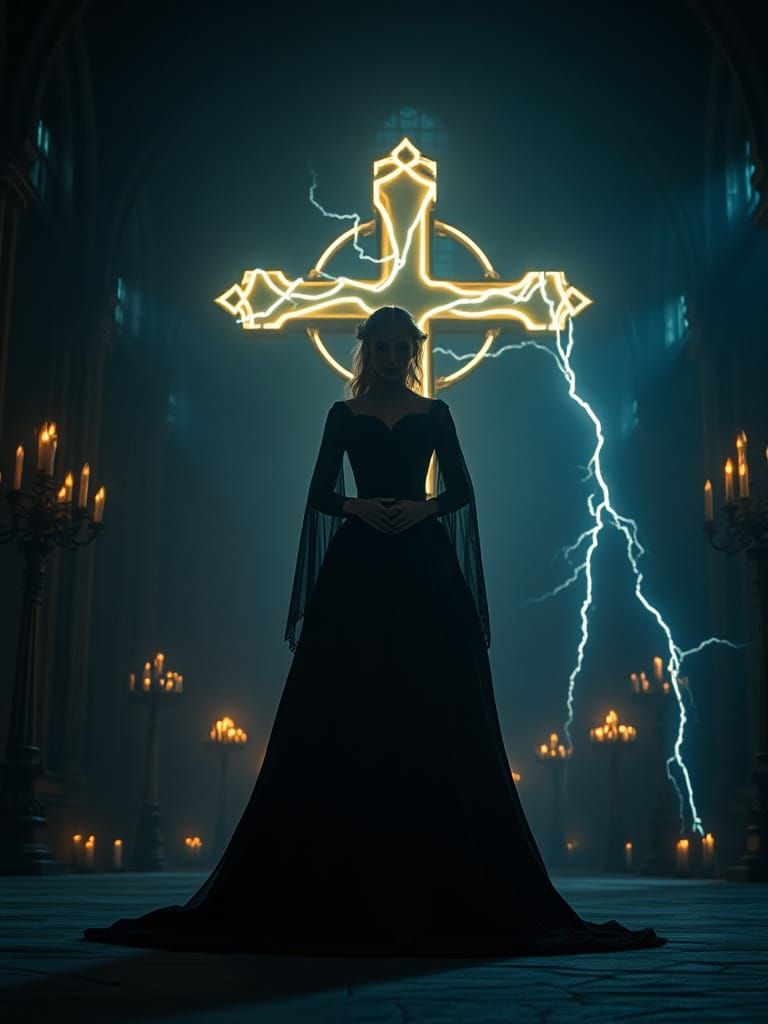 Gothic Princess Guards a Cross in a Medieval Castle