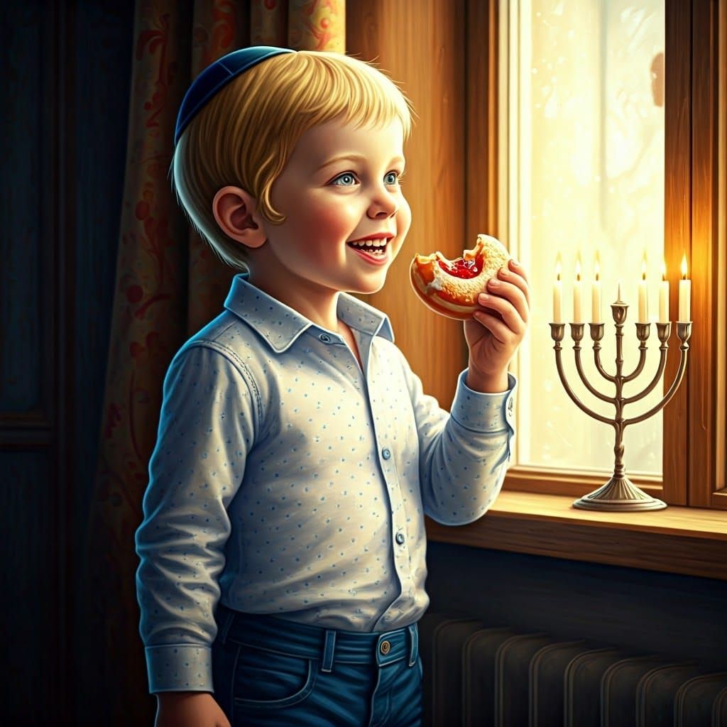 Hasidic Boy Bites Donut by Window Light