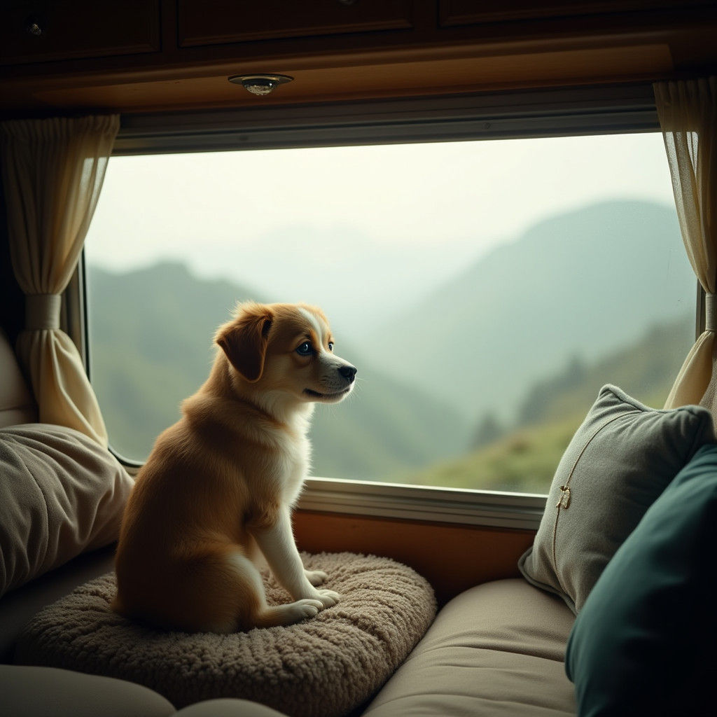 Dog's Cinematic Campervan Adventure in Misty Landscape
