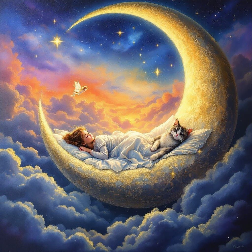 A Dreamy Crescent Moon Scene with a Sleeping Girl and Whimsi...