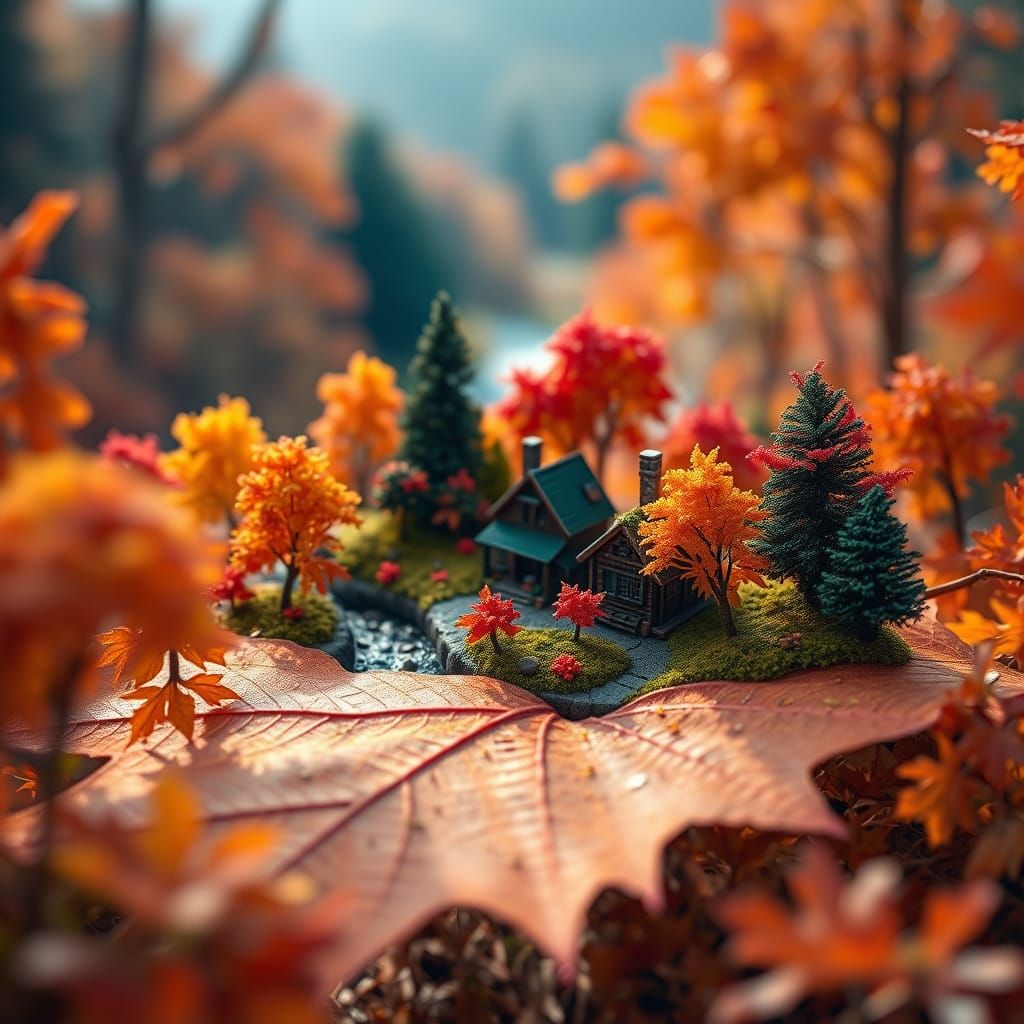 Cozy Autumn Village Diorama on Maple Leaf