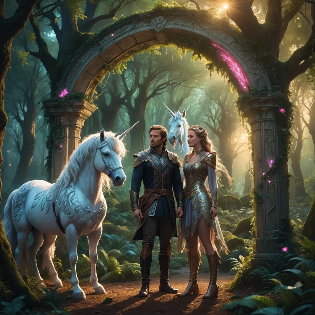 Mystical Forest Scene with Unicorn in Fantasy Art