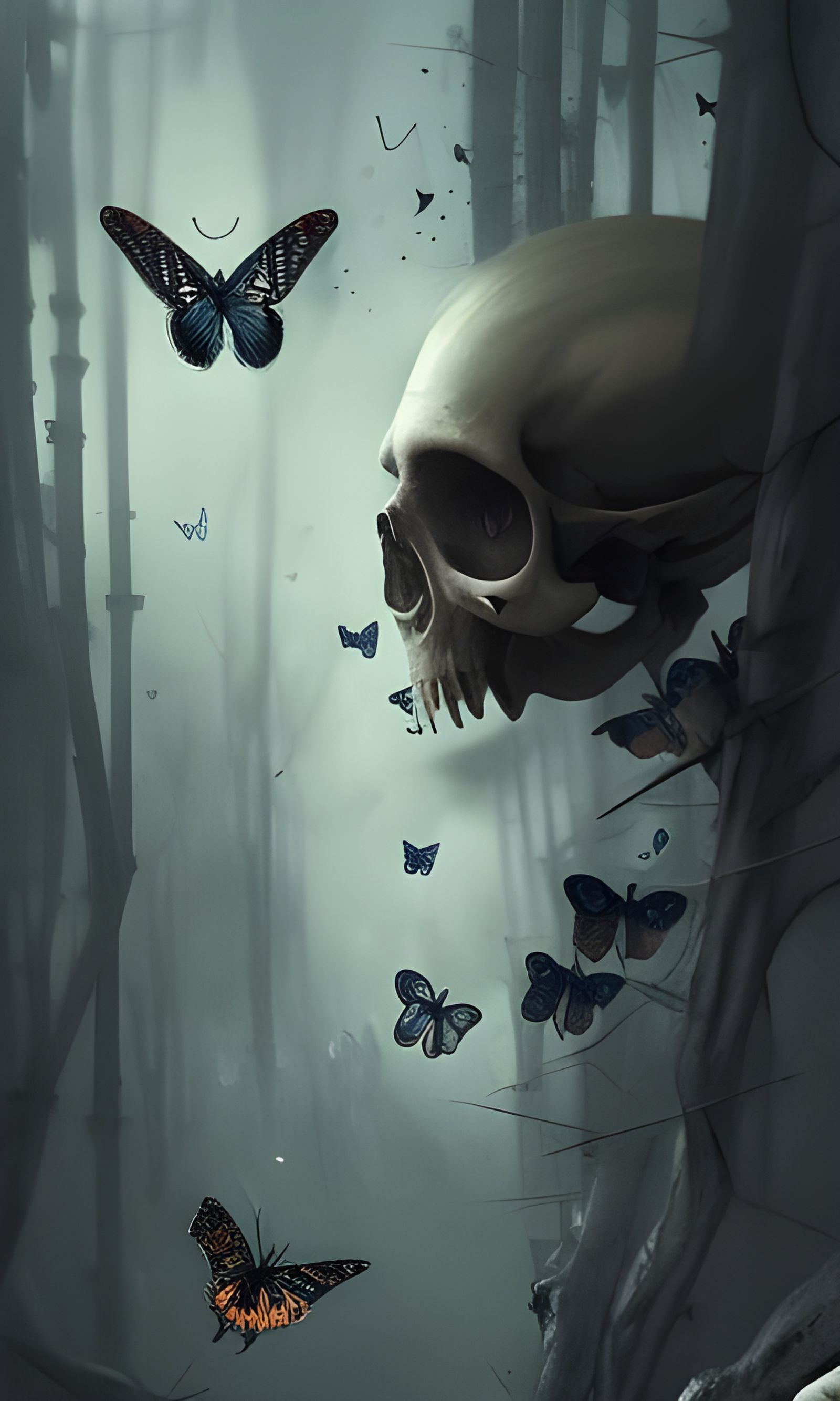 Dark Butterflies Emerge From Skull, Hyperdetailed