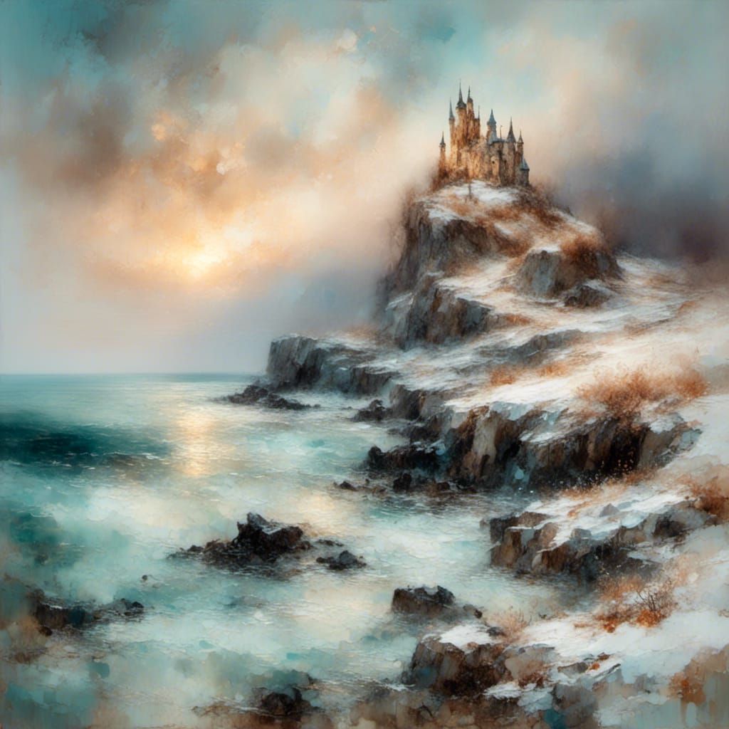 Castle in Serene Sea: Ethereal Oil Painting Landscape
