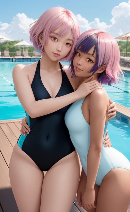 Sunny Anime Friends Share Heartwarming Poolside Hug in Color...
