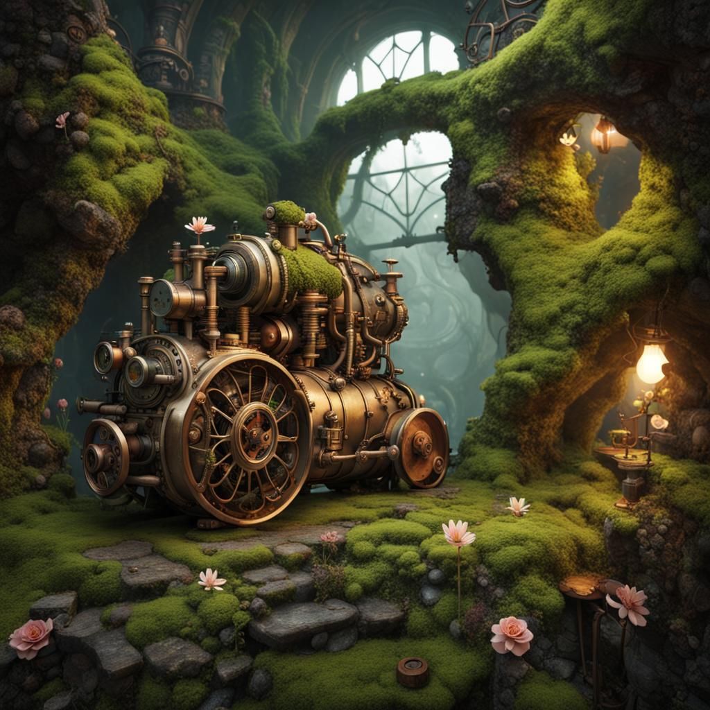 Steampunk Engine with Moss and Cave Flowers