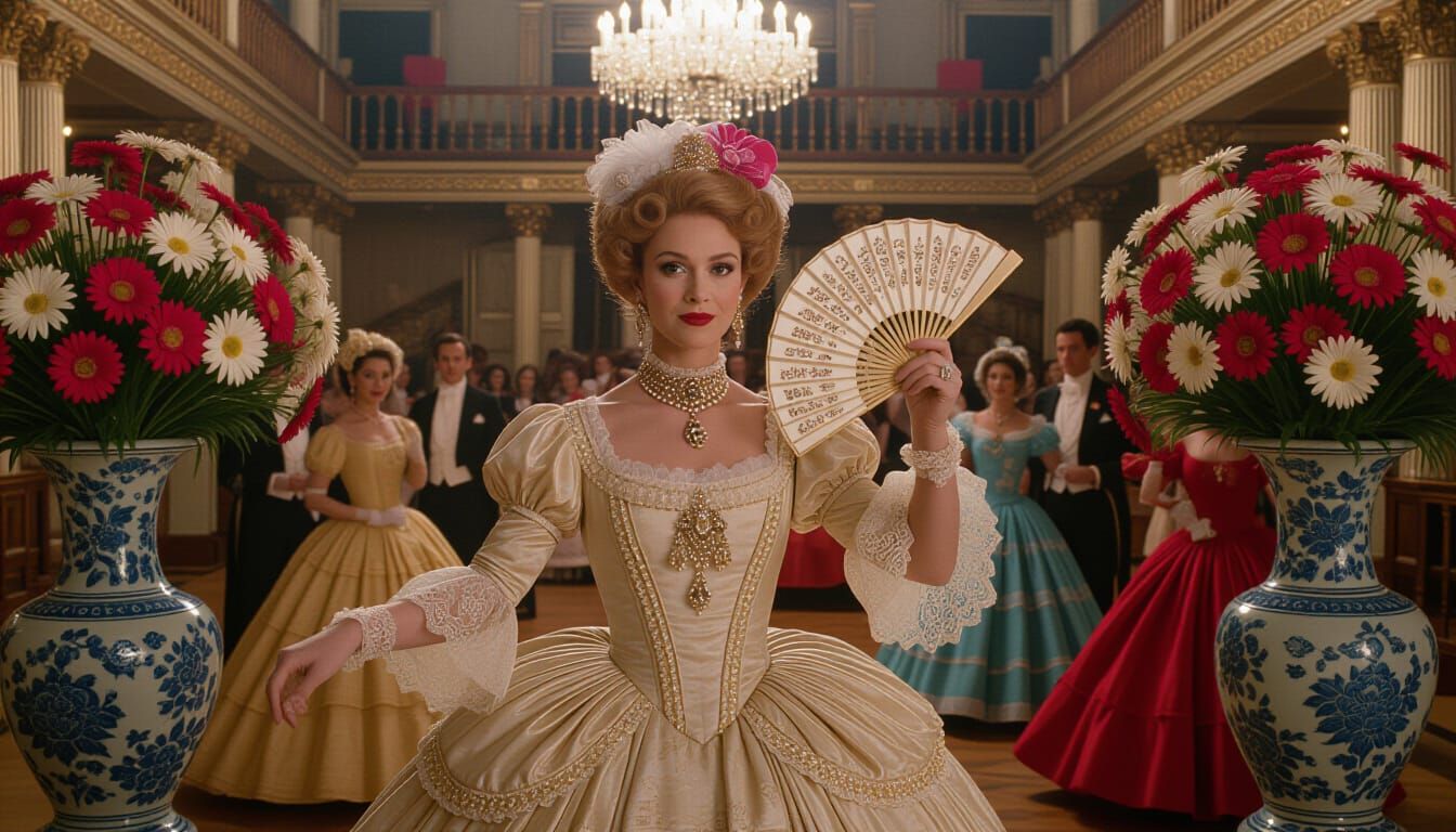 Poodle-Lady in Victorian Gown in Ballroom