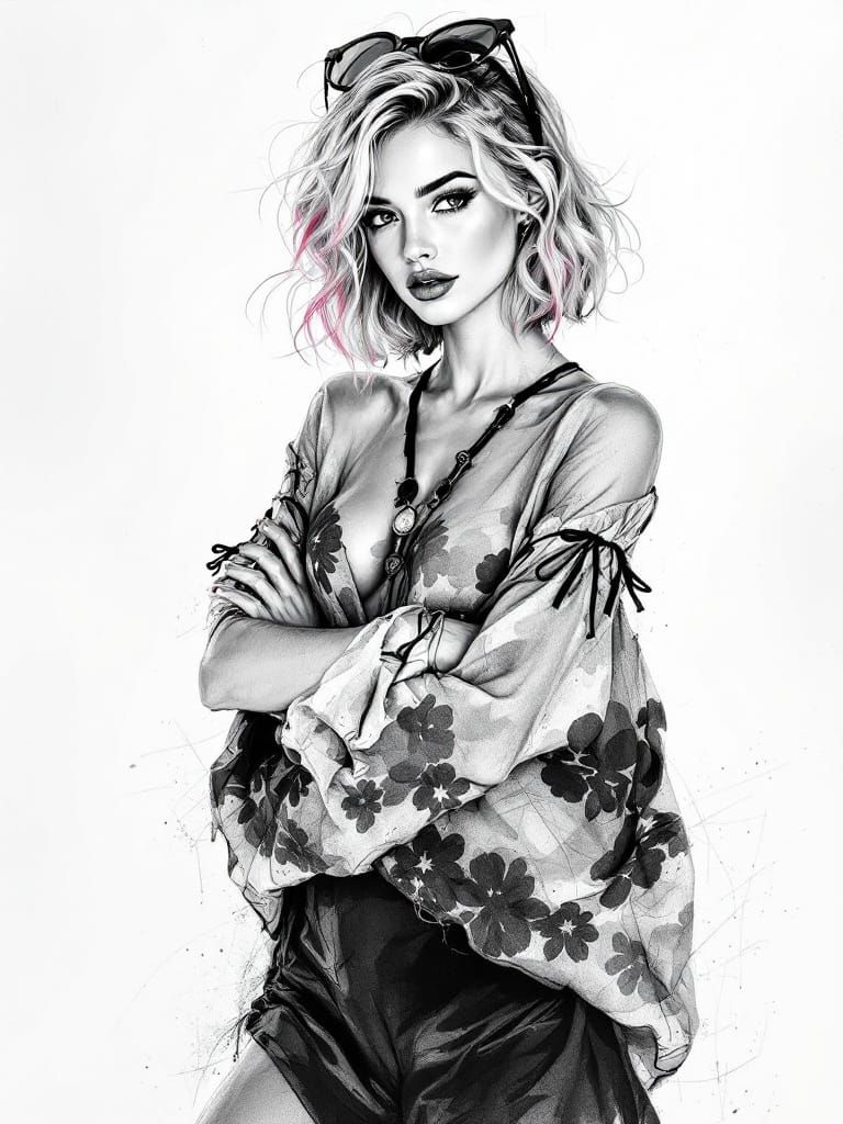 Elegant Pin-Up Woman with Pink-Tipped Hair, Charcoal Sketch ...