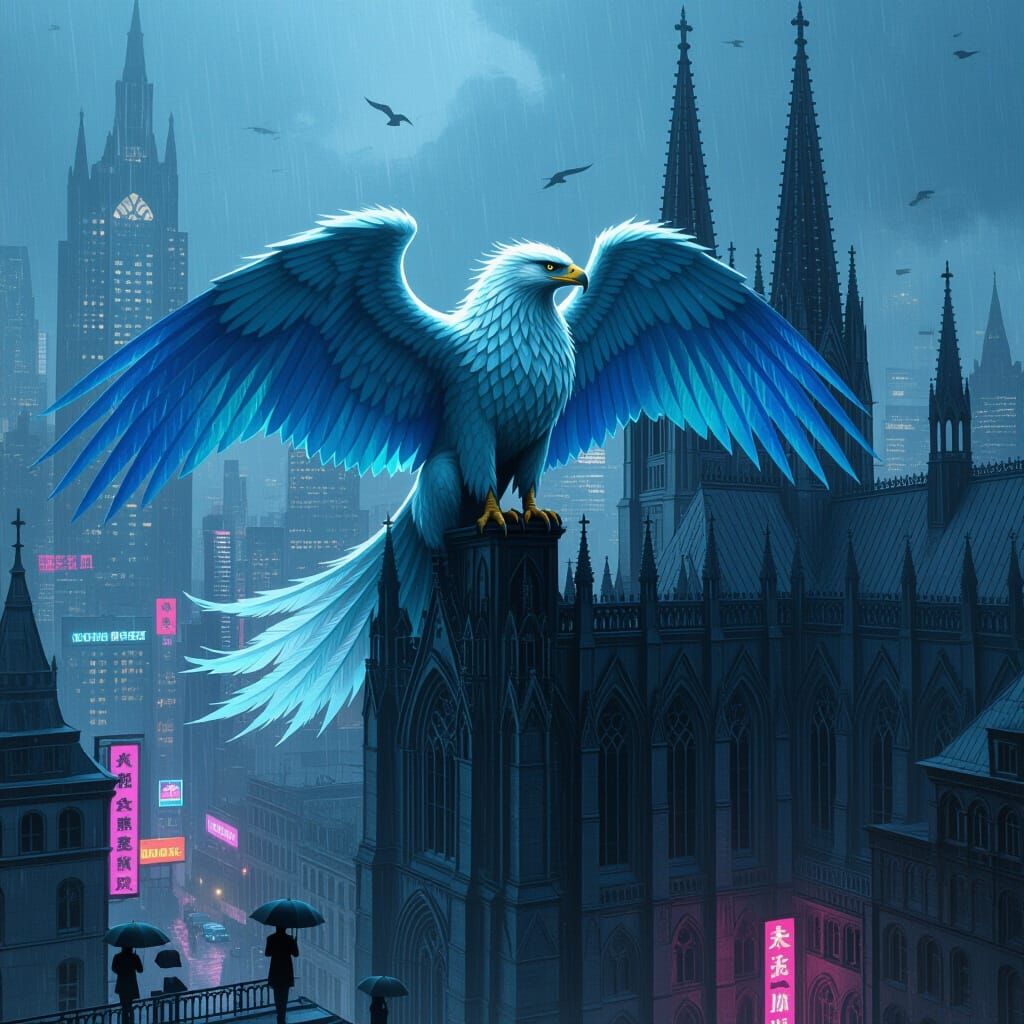 Iridescent Griffin Perched Atop Gothic Cathedral