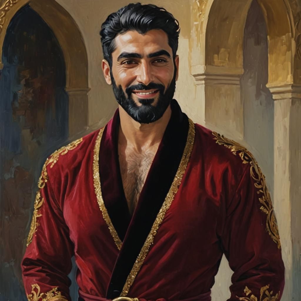 Smiling Man in Velvet Robe as Impasto Oil Painting