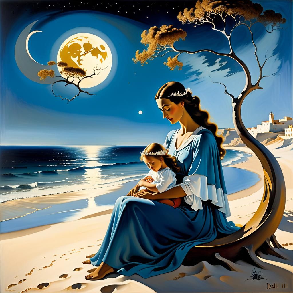 Mother and Child on Beach in Surrealist Style