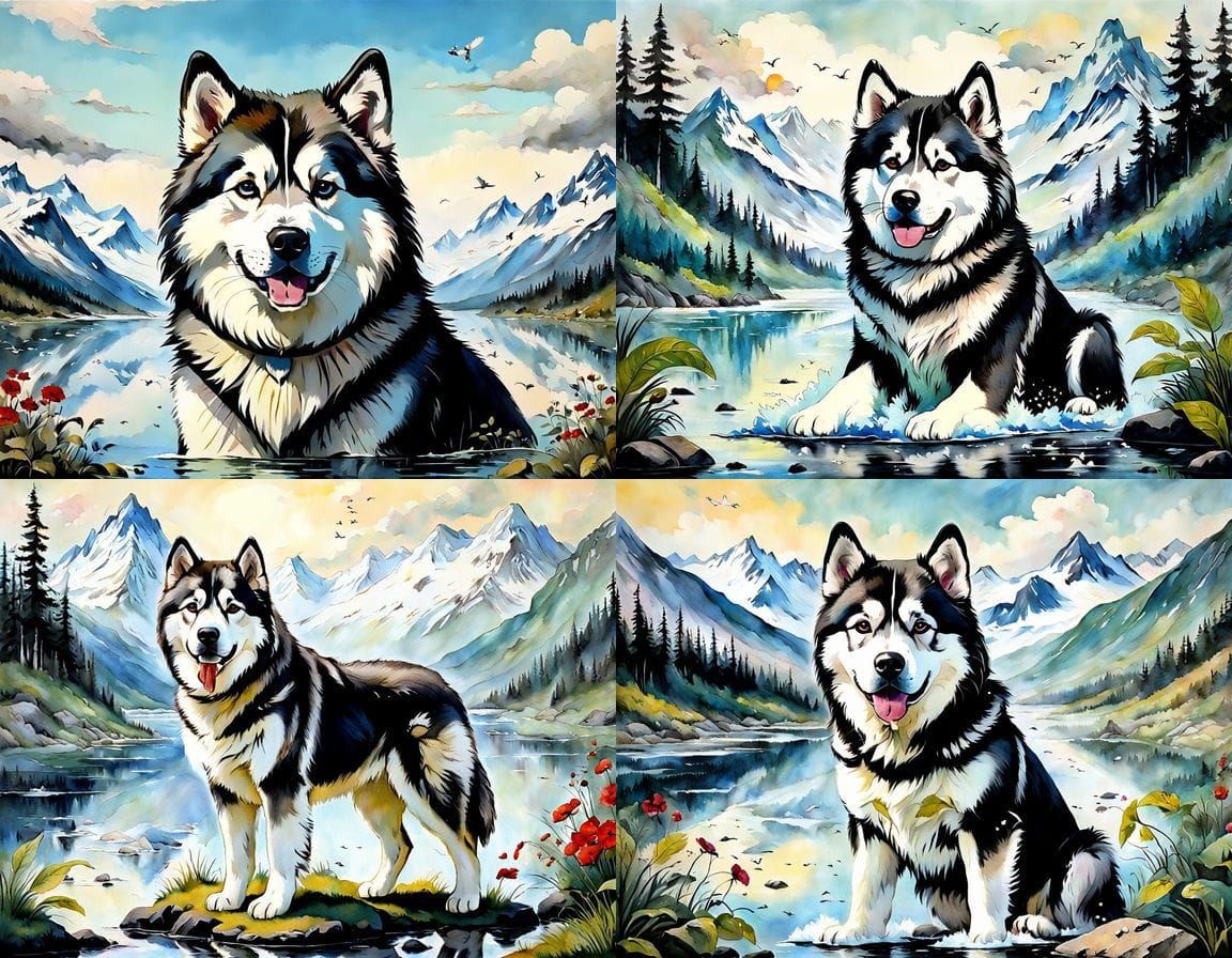 Cartoon Malamute in Lush Romantic Style