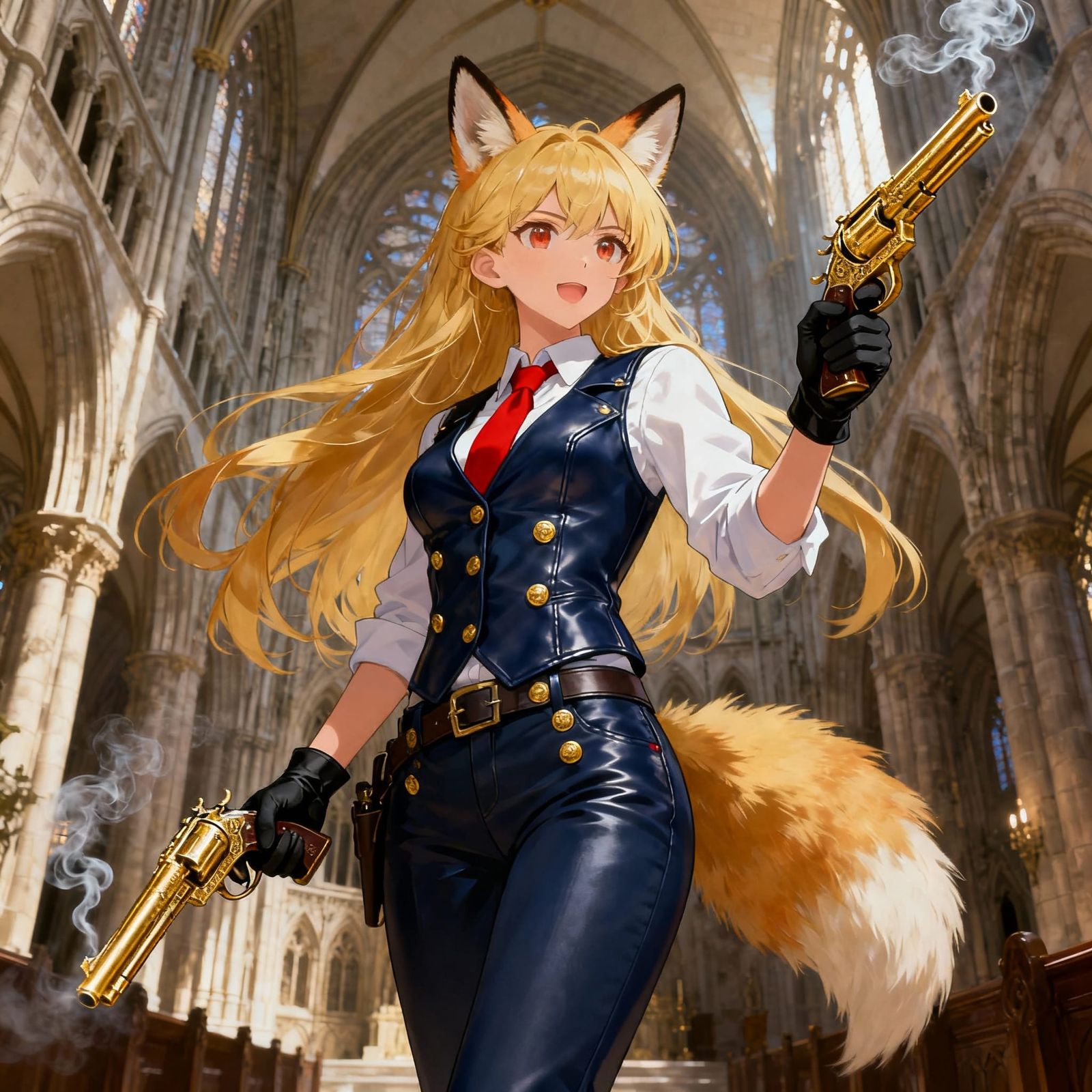 Anime Gunslinger with Fox Ears and Golden Revolvers