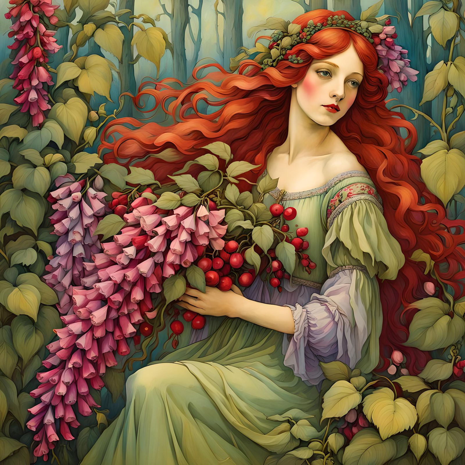 Fairy with Foxgloves Bouquet in Art Nouveau Style