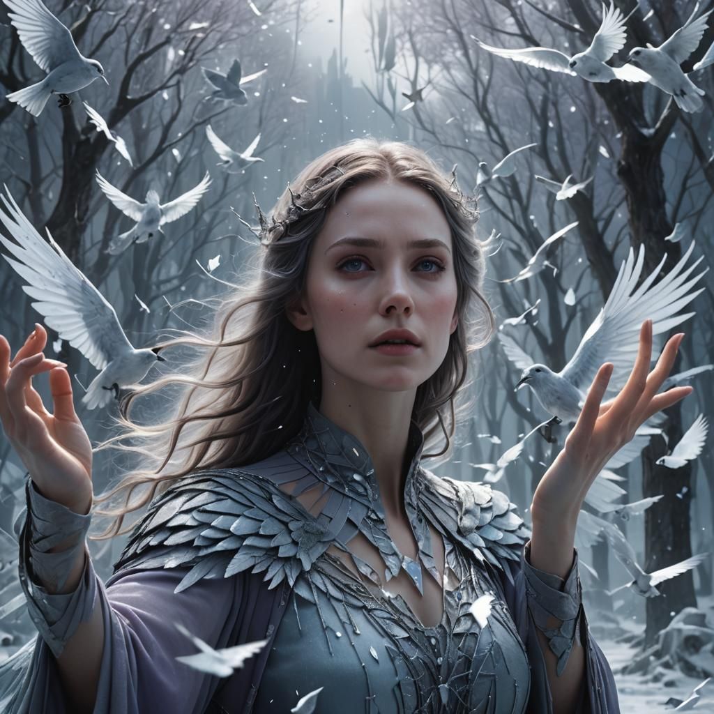 Icy Winged Woman in Dreamlike Matte Painting